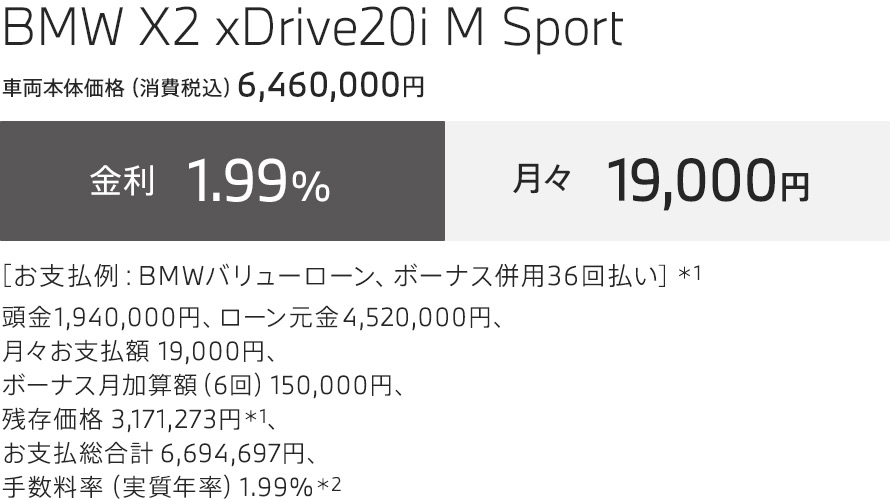 BMW X2 xDrive20i M Sport お支払例